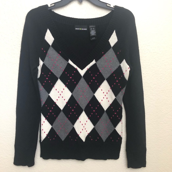 DKNY JEANS Womens XS V-Neck Argyle Preppy Sweater Long Sleeve Pullover NWOT - Picture 2 of 16